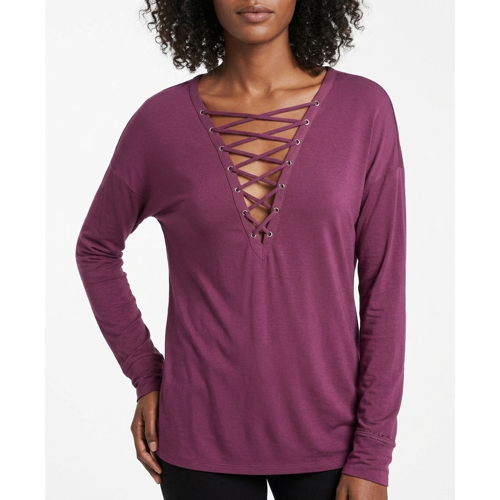 Express One Eleven Womens Purple Lace-Up V-Neck Long Sleeve Top | Size S/P